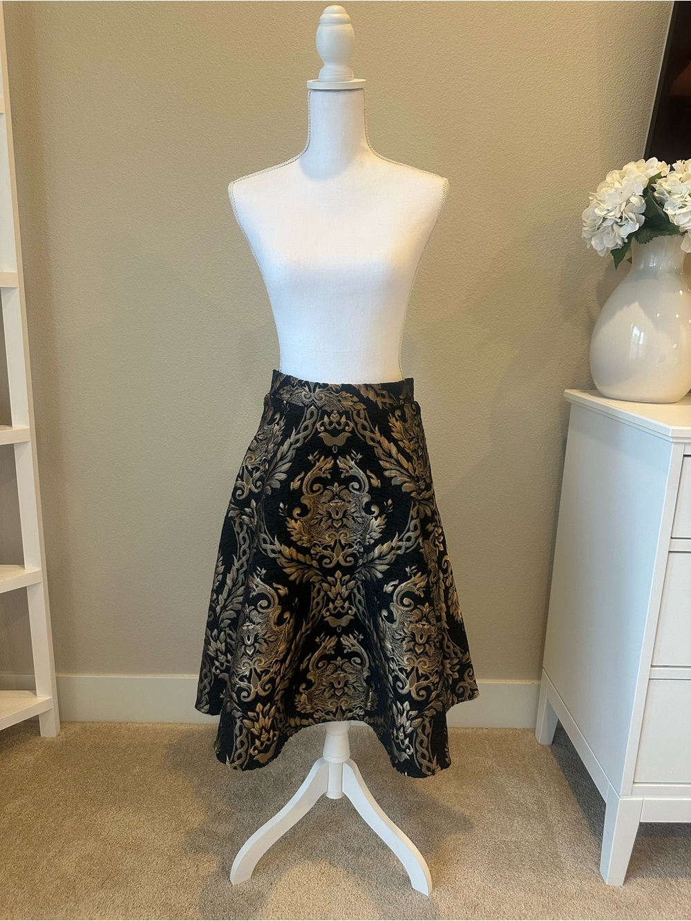 Chicwish Black and Gold Brocade A-Line Skirt